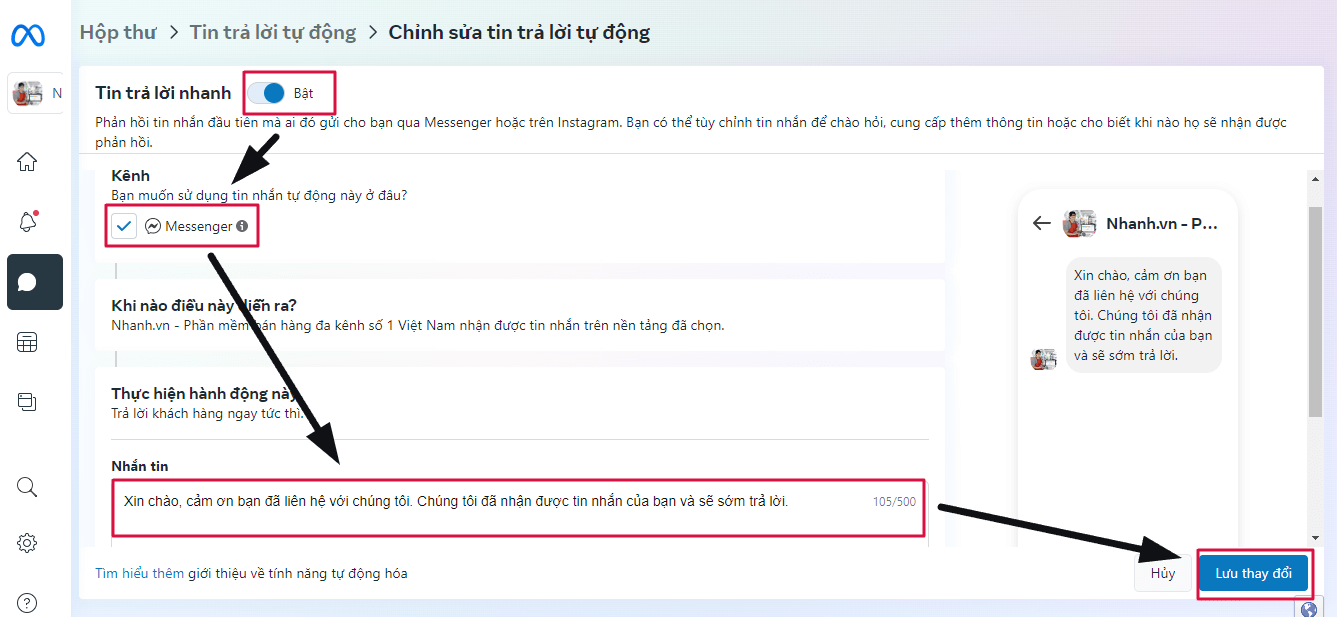 Hướng dẫn cài đặt trả lời tự động Facebook